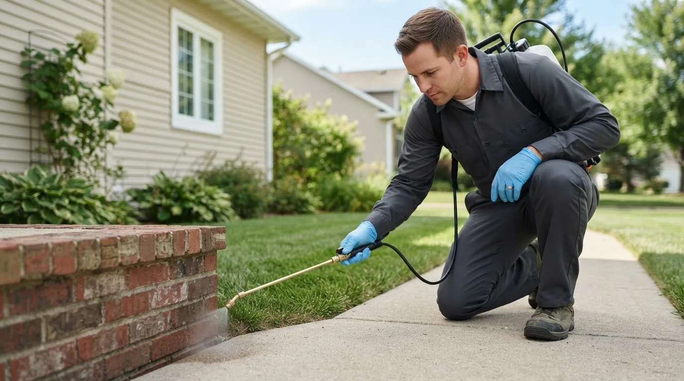 Pest control technician treating a home near Nora, VA